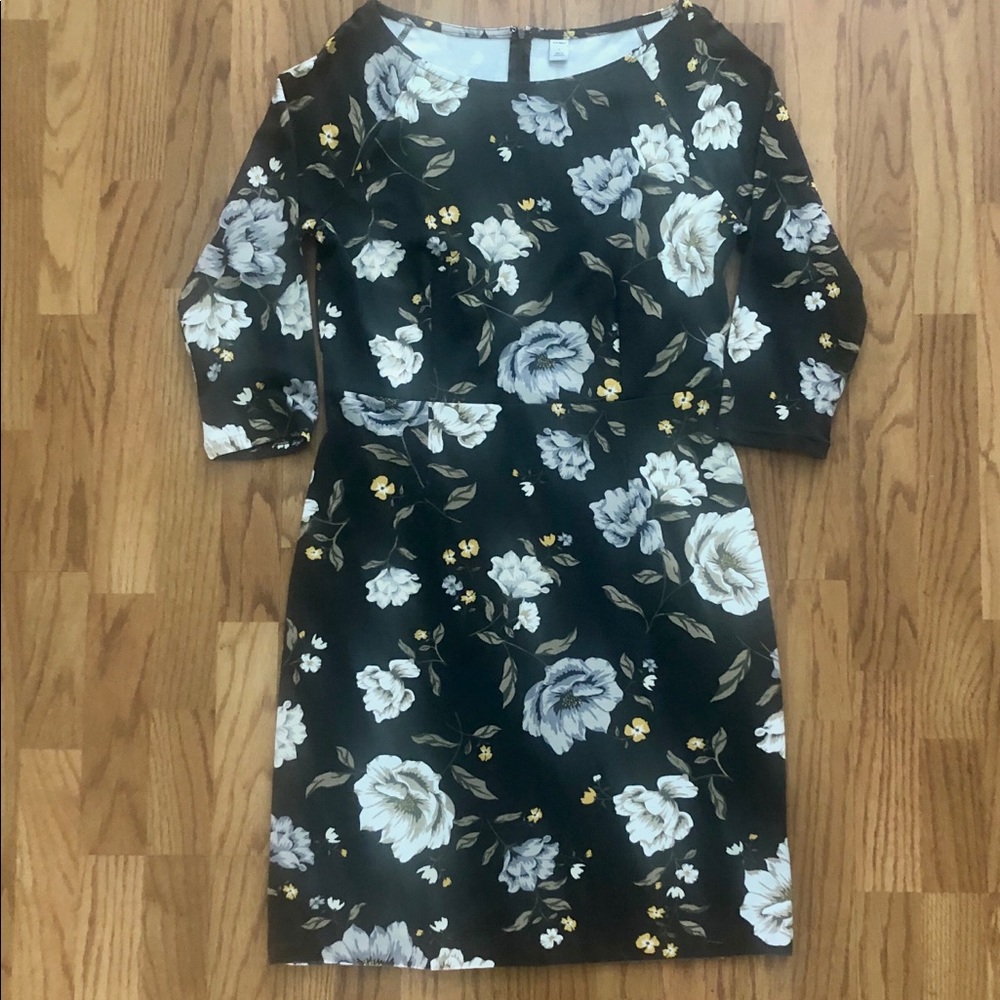 Floral Gray White Yellow Fitted Fall Sheath Dress